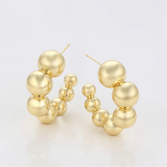Ball Hoop Earrings | 14K Gold Plated Bead Hoops | Luxury Elegant Jewelry - Picture 2 of 12